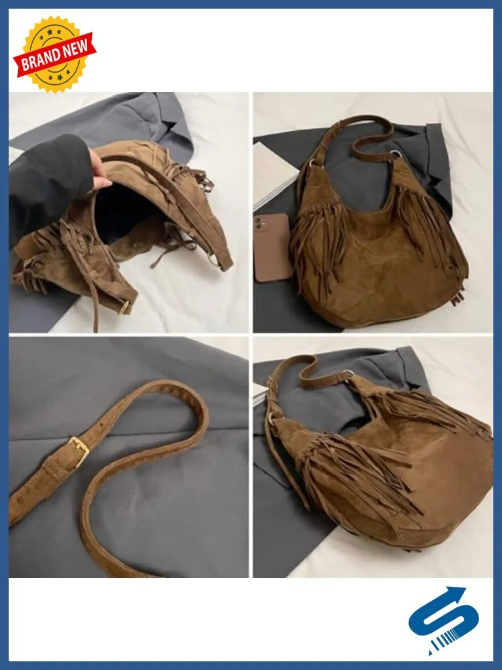 Vintage Vegan Suede Fringe Hobo Bag Tote Crossbody Shoulder Purse